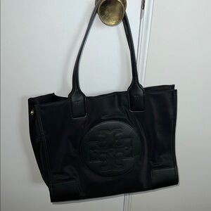 Tory Burch Black Textured Tote with Embossed Logo